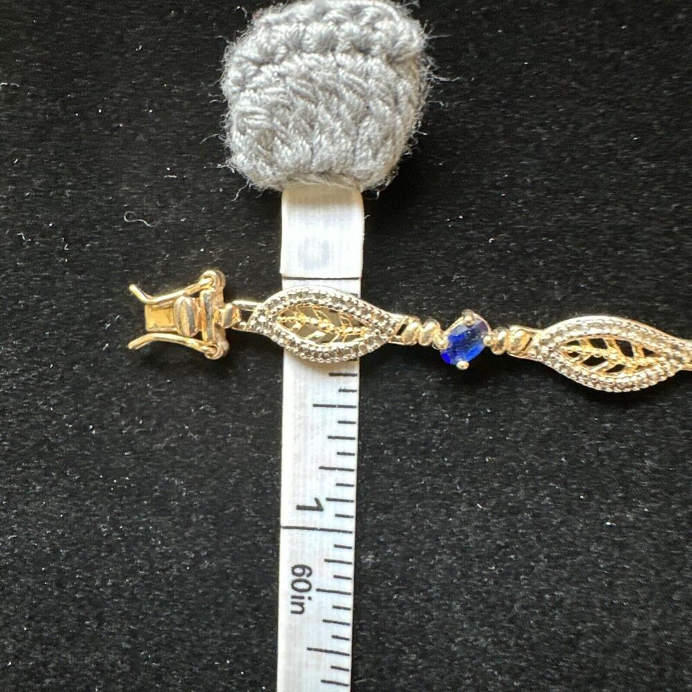 SIGNED DL Gold Plated Sterling 925 Filigree Sapphire Blue Crystals 7.5” Bracelet - Picture 11 of 12